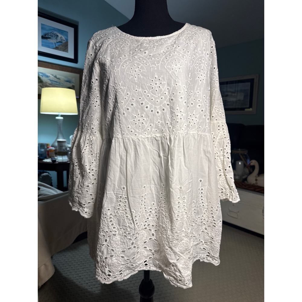 Calstyle White Eyelet Embroidered Babydoll Top Long Bell Sleeve Large